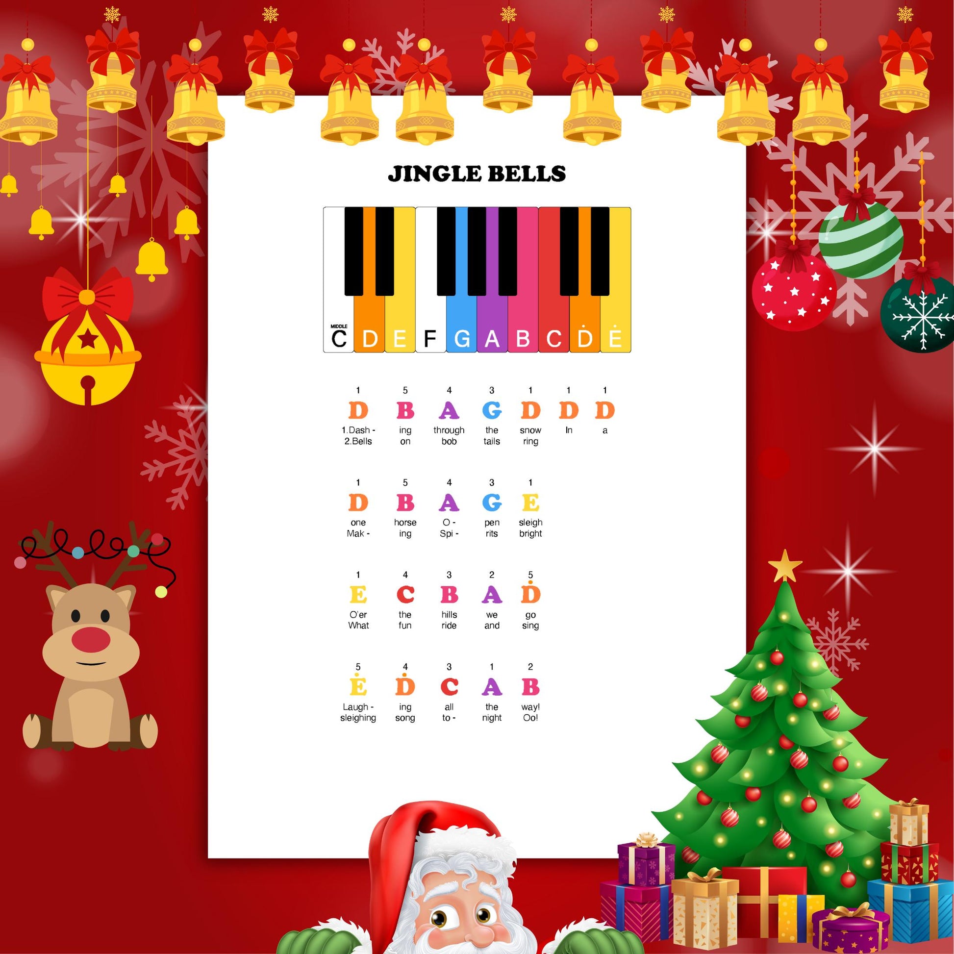 Jingle Bells beginner piano sheet music PDF with note names and color-coded notes. Perfect for preschoolers learning one-hand songs and celebrating the holiday season.