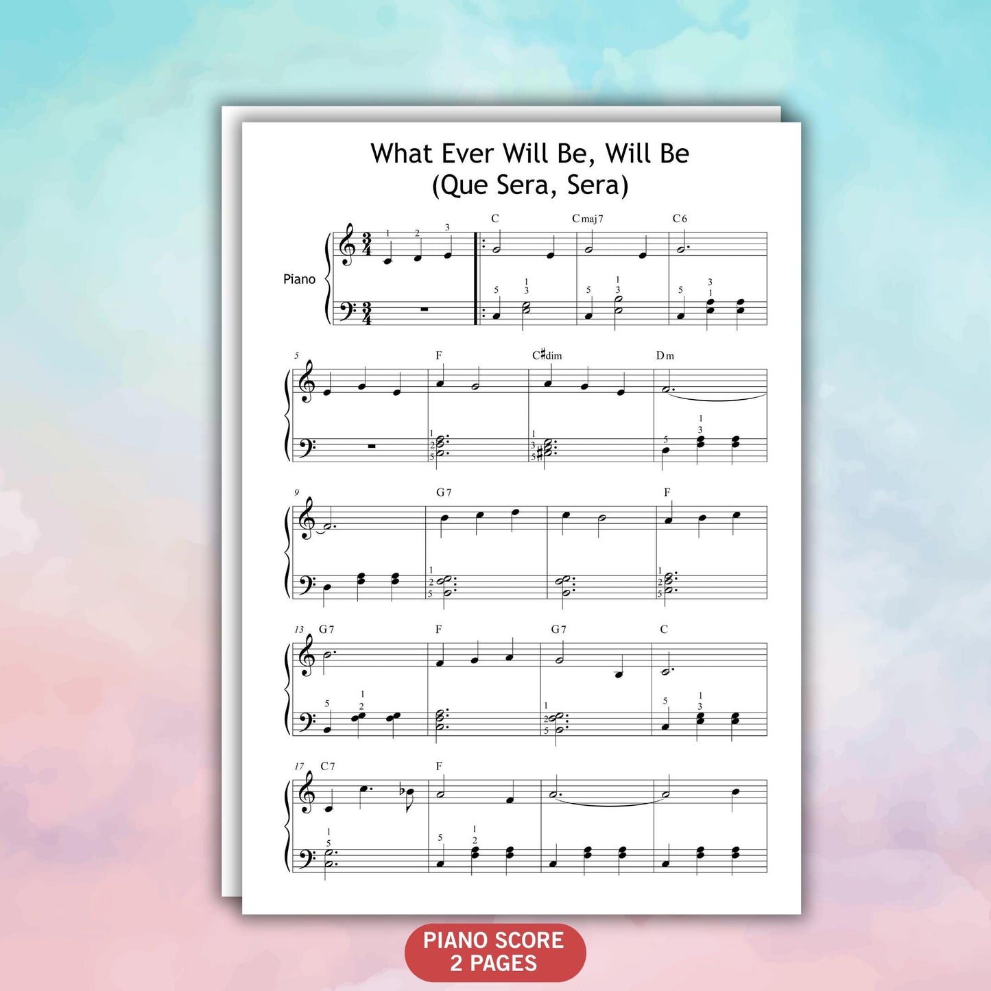 Que Sera Sera piano sheet music, Grade 2 simplified version in PDF format. Designed for early learners and fans of classic cinema, this nostalgic tune is presented in a clear, accessible layout. Perfect for piano students and vintage music enthusiasts.