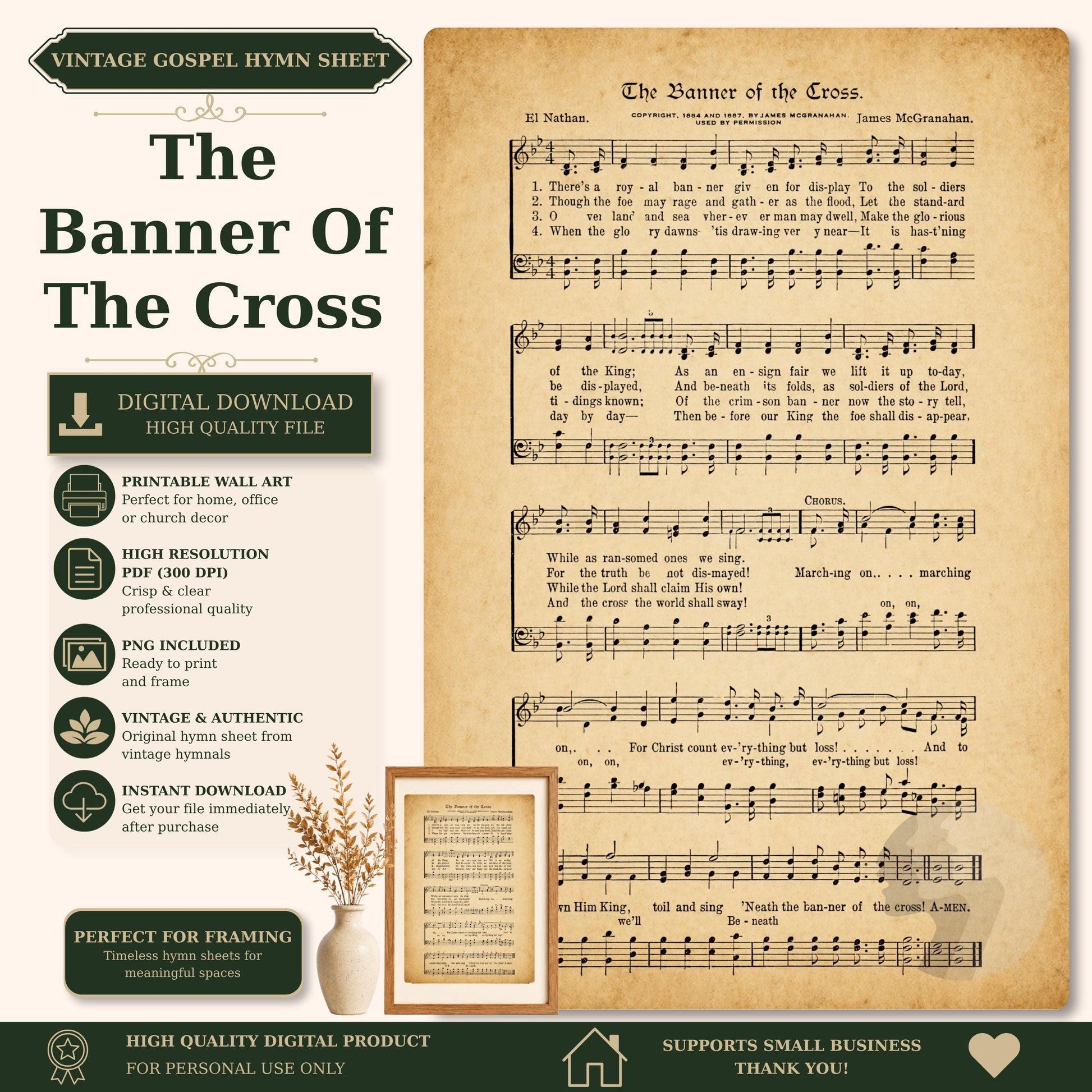 The image is a vintage sheet music for a hymn titled "The Banner of The Cross". The sheet music is accompanied by a framed image of a plant, and the image is accompanied by text that describes the sheet music as a high-quality digital product.