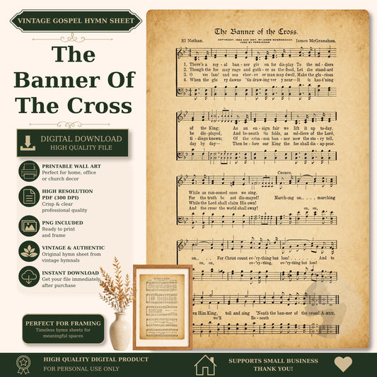 The image is a vintage sheet music for a hymn titled "The Banner of The Cross". The sheet music is accompanied by a framed image of a plant, and the image is accompanied by text that describes the sheet music as a high-quality digital product.