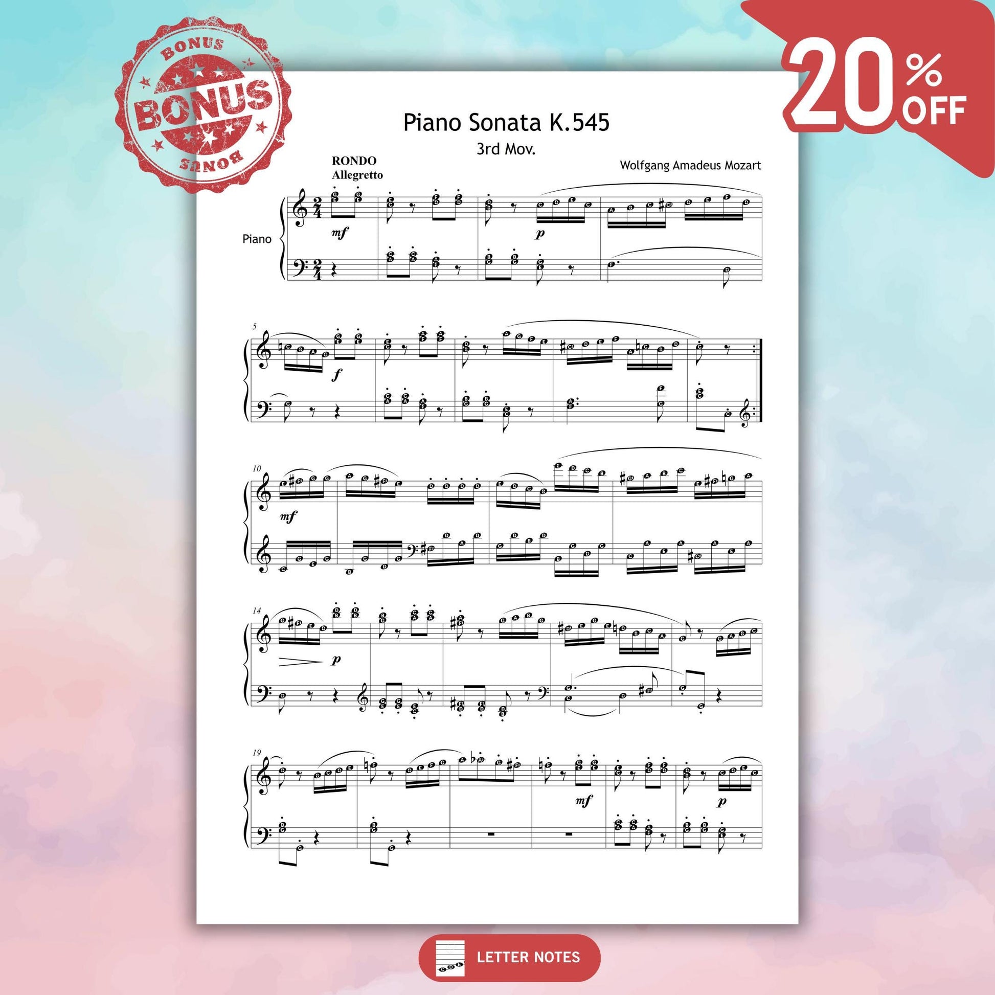 Mozart original piano sheet music K.545, digital download with tutorial video, named notes and color highlights