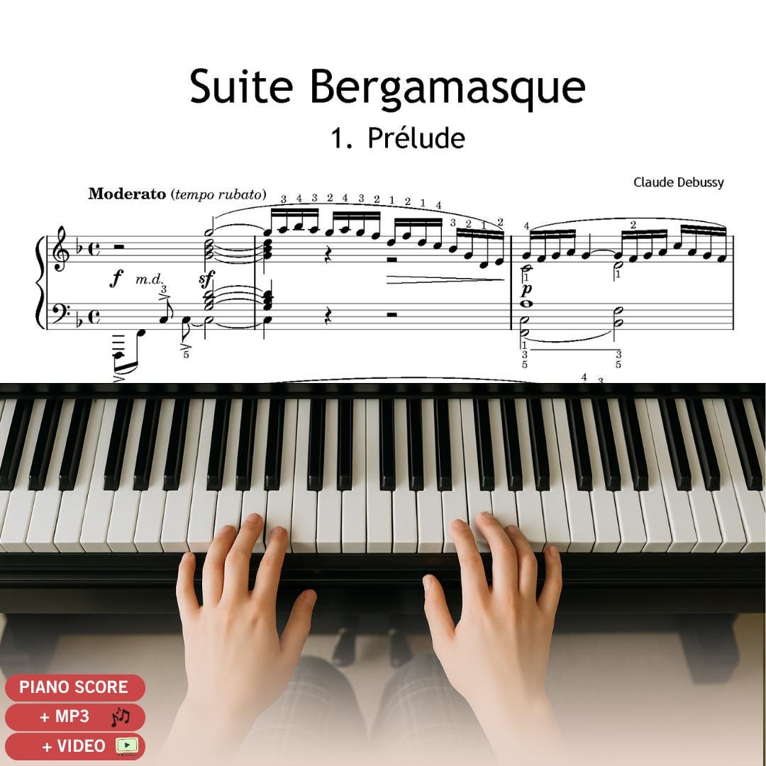Debussy Suite Bergamasque complete piano score PDF by Claude Debussy displayed as a Grade 6 professional edition, showing high-resolution engraving based on the composer’s manuscript with clear notation for advanced pianists, offered as a printable and tablet-ready digital file with MP3 and video support.