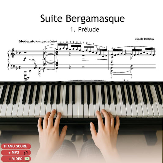 Debussy Suite Bergamasque complete piano score PDF by Claude Debussy displayed as a Grade 6 professional edition, showing high-resolution engraving based on the composer’s manuscript with clear notation for advanced pianists, offered as a printable and tablet-ready digital file with MP3 and video support.