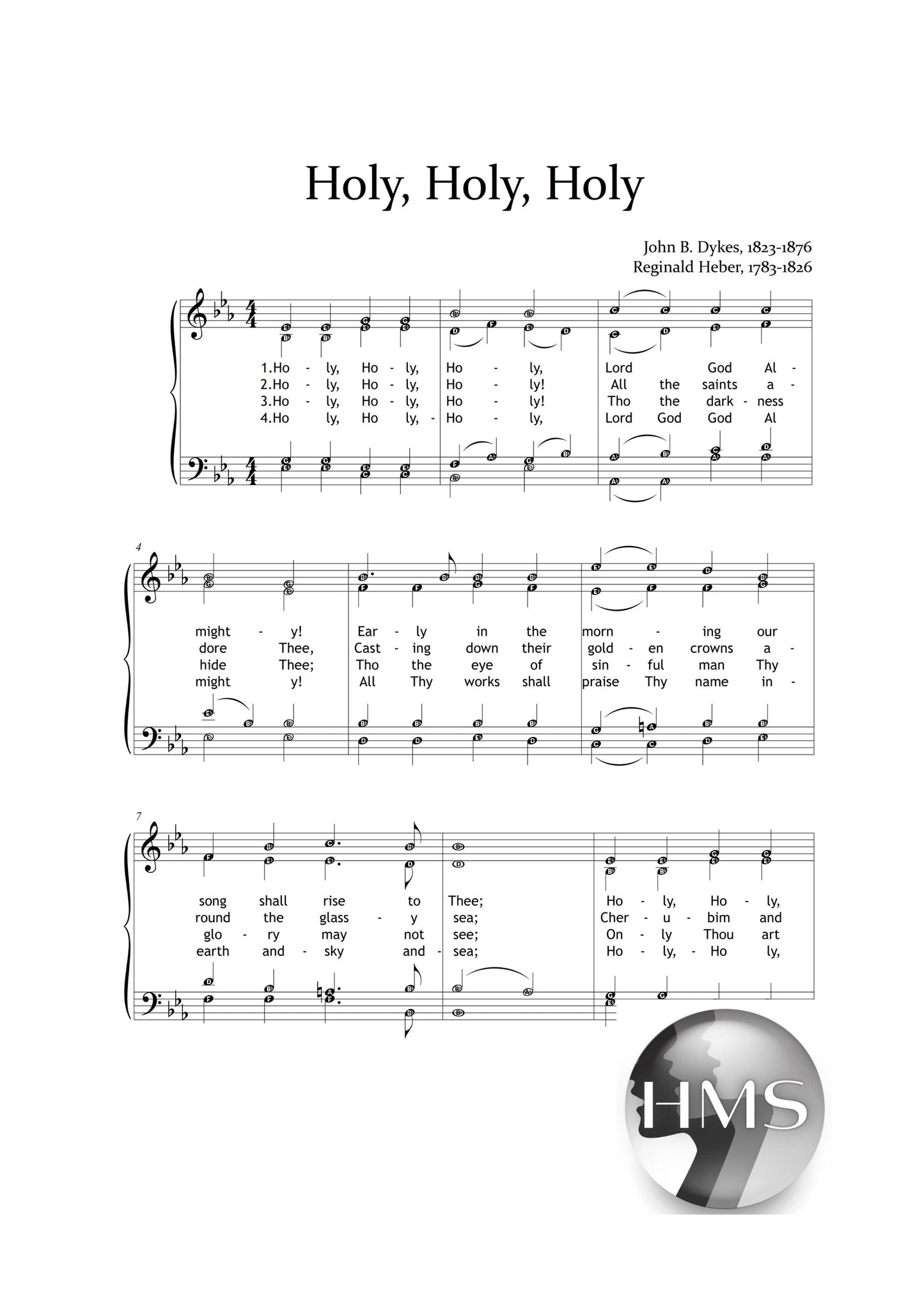 Holy, Holy, Holy by Reginald Heber and John B. Dykes downloadable and simplified piano sheet music PDF displayed with choir voices and piano reduction, showing finger numbers, note names, and color-coded notes in a clean engraving ideal for church rehearsals and congregational singing.