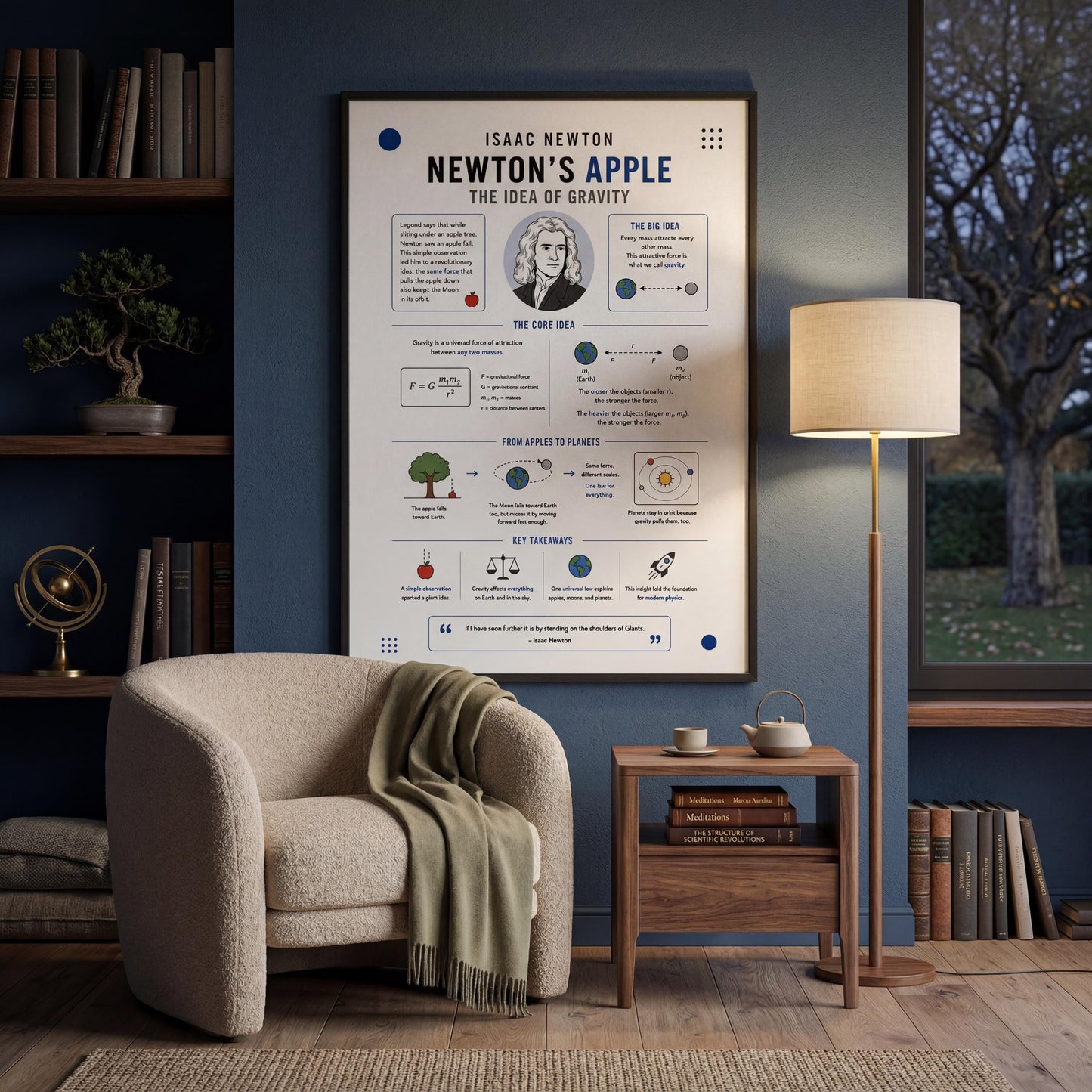 The image is a poster of Isaac Newton's "Newton's Apple" that is displayed in a living room setting.