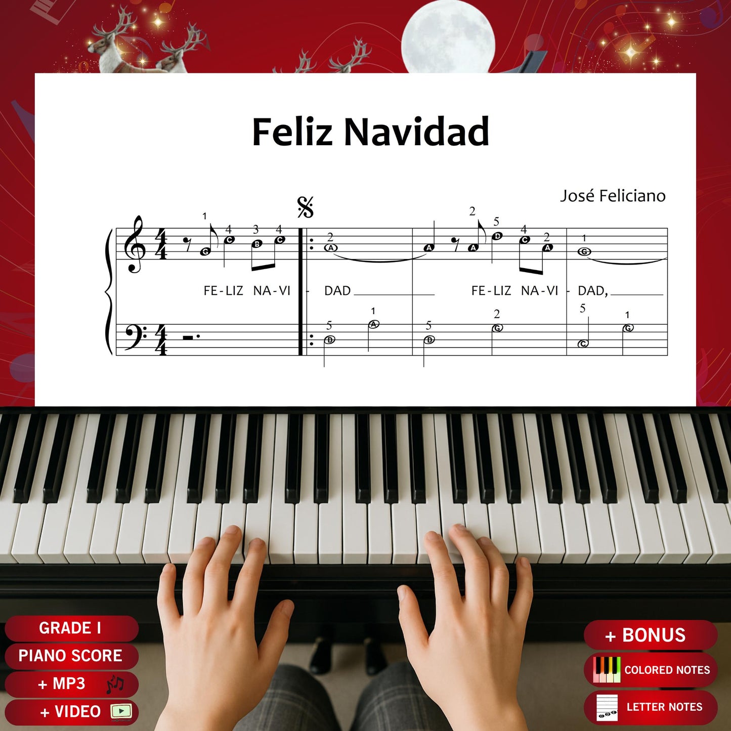 Feliz Navidad by José Feliciano beginner piano sheet music PDF presents a clear Grade 1 melody with lyrics and steady rhythms, offering early learners a festive Latin-inspired Christmas tune that is easy to read, practise and perform.