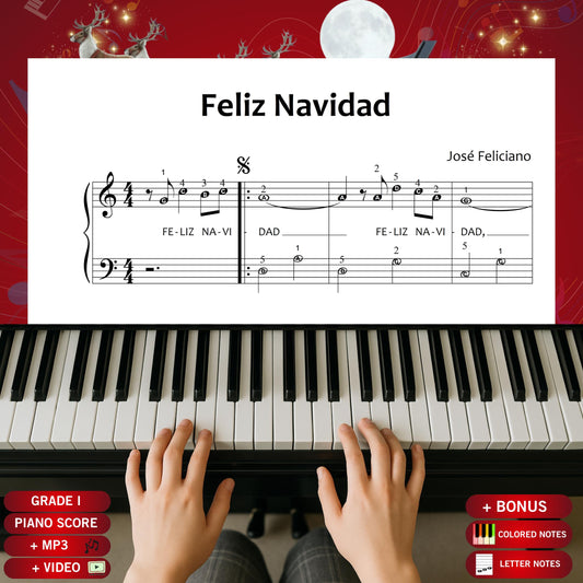 Feliz Navidad by José Feliciano beginner piano sheet music PDF presents a clear Grade 1 melody with lyrics and steady rhythms, offering early learners a festive Latin-inspired Christmas tune that is easy to read, practise and perform.