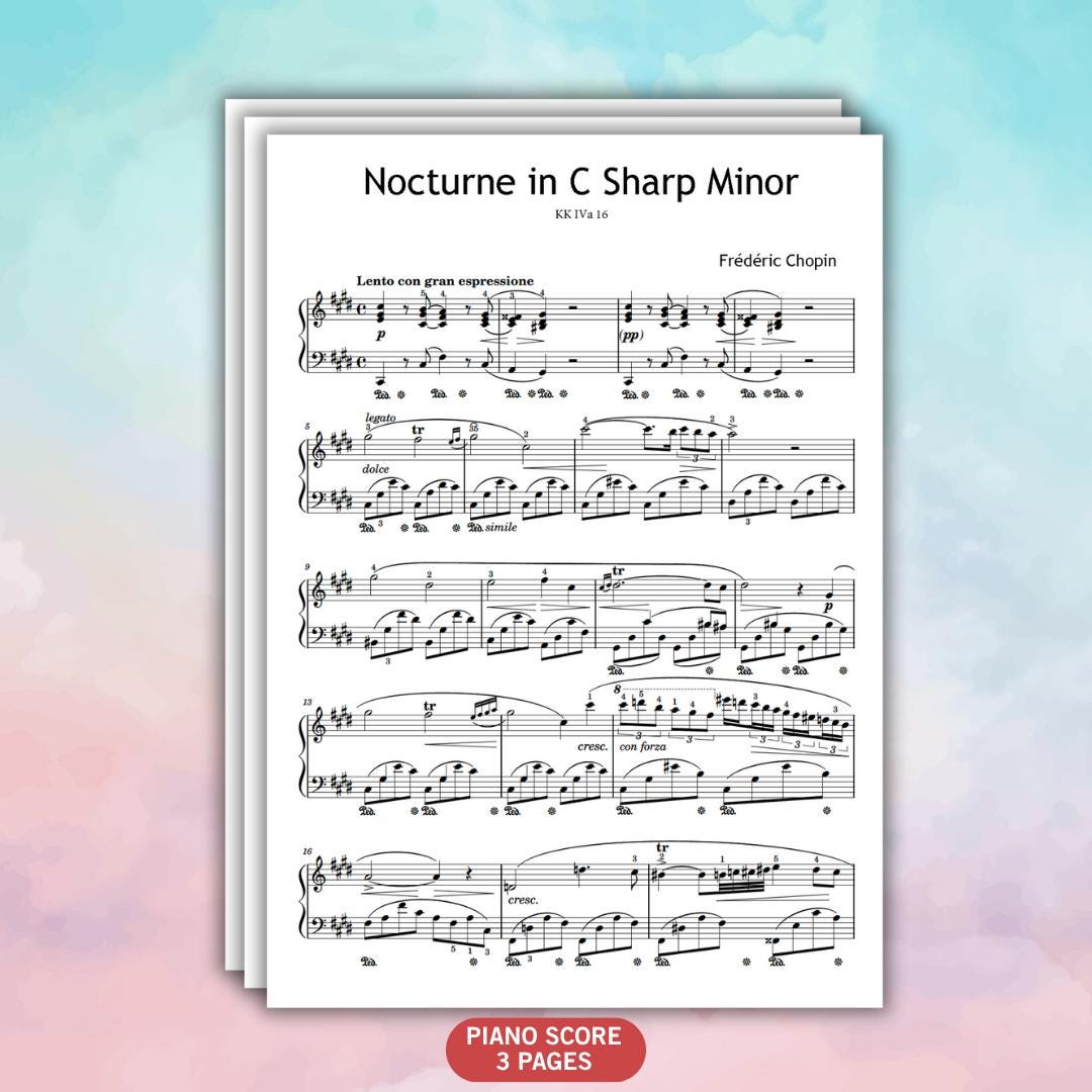 Nocturne in C-sharp Minor KK IVa/16 by Frédéric Chopin downloadable piano sheet music PDF displayed as a high-resolution original score highlighting accurate slurs, dynamics, and pedaling marks suited for advanced interpretation.
