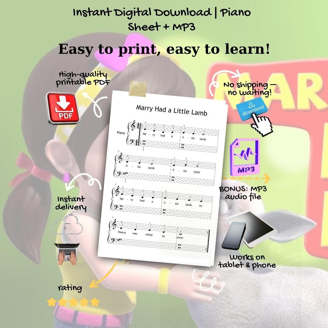 Mary Had a Little Lamb | Beginner Piano Sheet Music PDF & Color Note