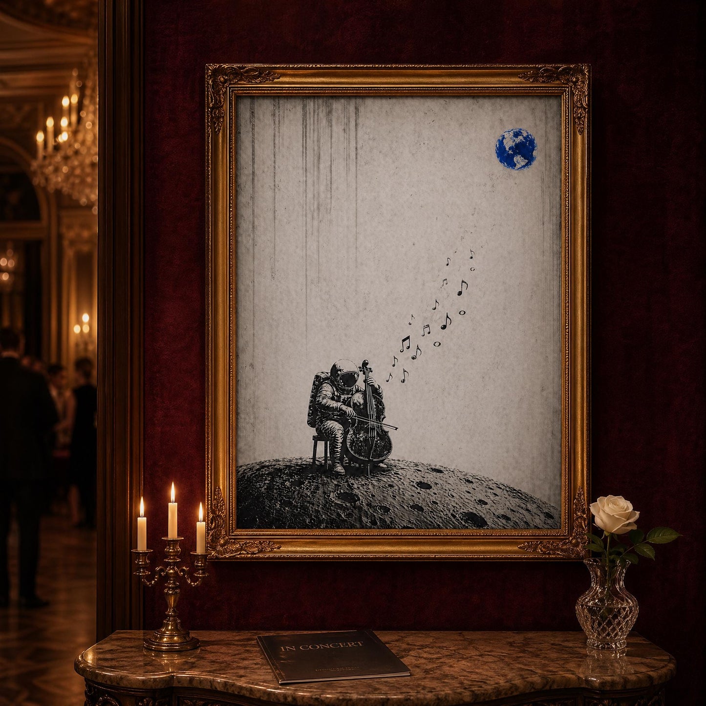 Minimalist space music poster astronaut playing cello on lunar surface printable digital art, black and white composition with subtle blue Earth accent for contemporary wall decor
