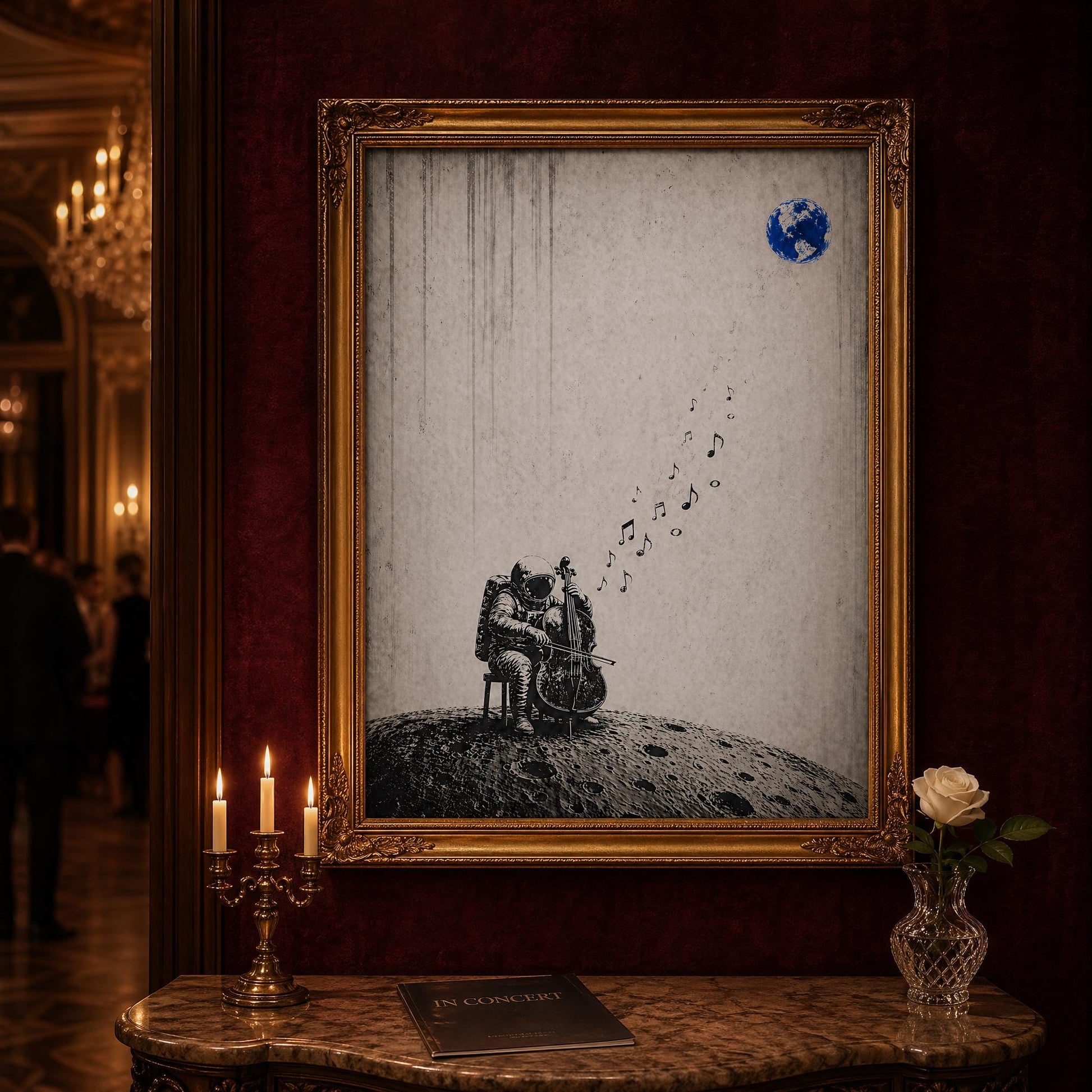 Minimalist space music poster astronaut playing cello on lunar surface printable digital art, black and white composition with subtle blue Earth accent for contemporary wall decor