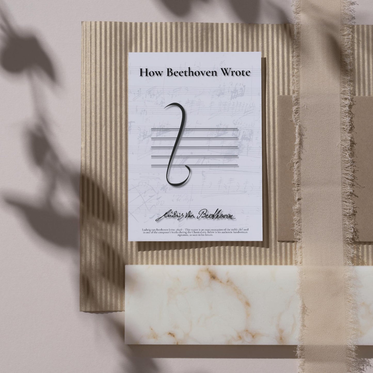 Vintage Music Manuscript Poster Set displaying treble clefs and signatures of Vivaldi, Bach, Haydn, Mozart, Beethoven, Schubert, Brahms, Debussy, Stravinsky, and Shostakovich. Elegant printable wall art for home decor, living rooms, studios, or music-themed spaces.