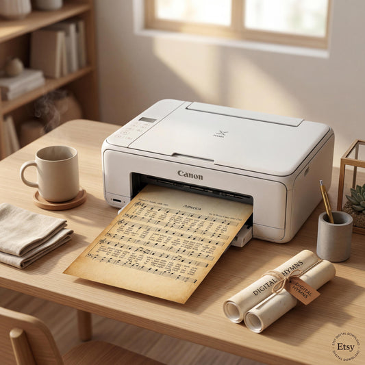 A Canon printer is shown on a wooden desk, with a sheet of music being printed and a coffee cup nearby.