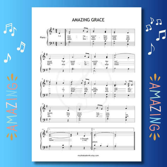 Amazing Grace - Grade 4 Piano Sheet | Elegant Arrangement for Intermediate Students | PDF + MP3+ video | Printable Hymn Music
