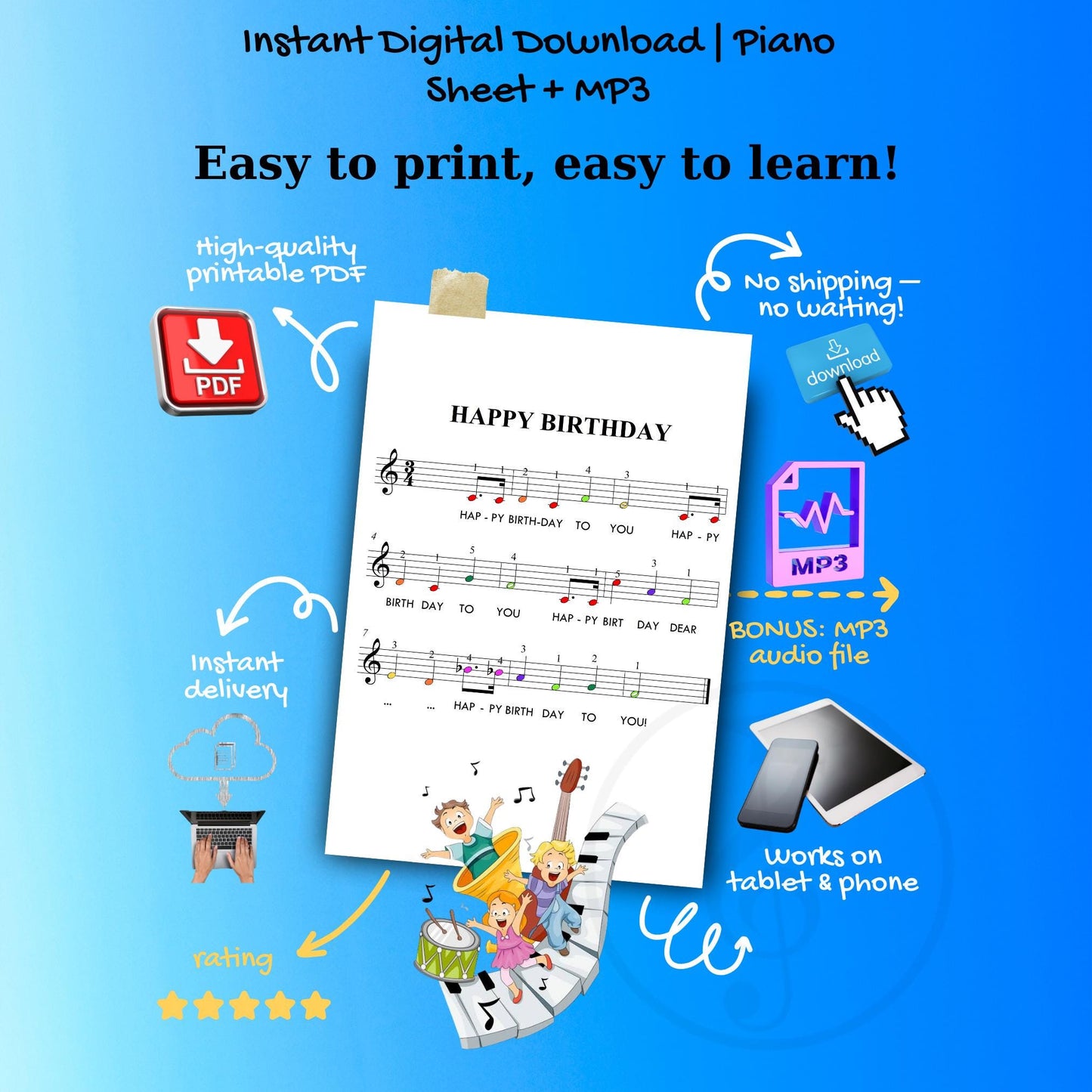 Happy Birthday | Very Easy Piano Sheet Music | with Colorful Notes | and Finger Numbers for Beginners | (Grade 0)