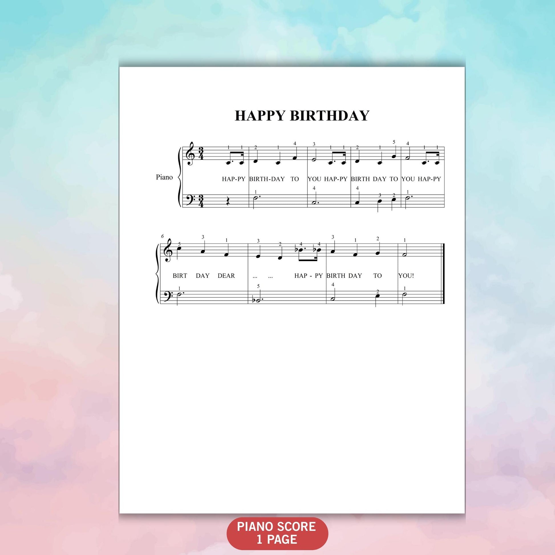 Simplified Happy Birthday piano sheet for Grade 1, beginner-friendly arrangement with note names and finger numbers, color-coded version included, MP3 audio demo and MP4 step-by-step video, perfect for lessons or parties.