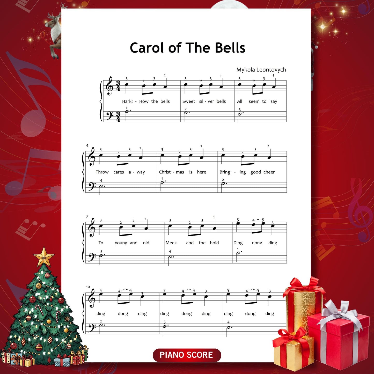 Carol of the Bells by Mykola Leontovych downloadable and simplified Christmas easy piano sheet music PDF offering beginner-friendly notation, lyrics, finger numbers, printable and tablet formats, and an MP3 guide perfect for winter recitals and holiday lessons.