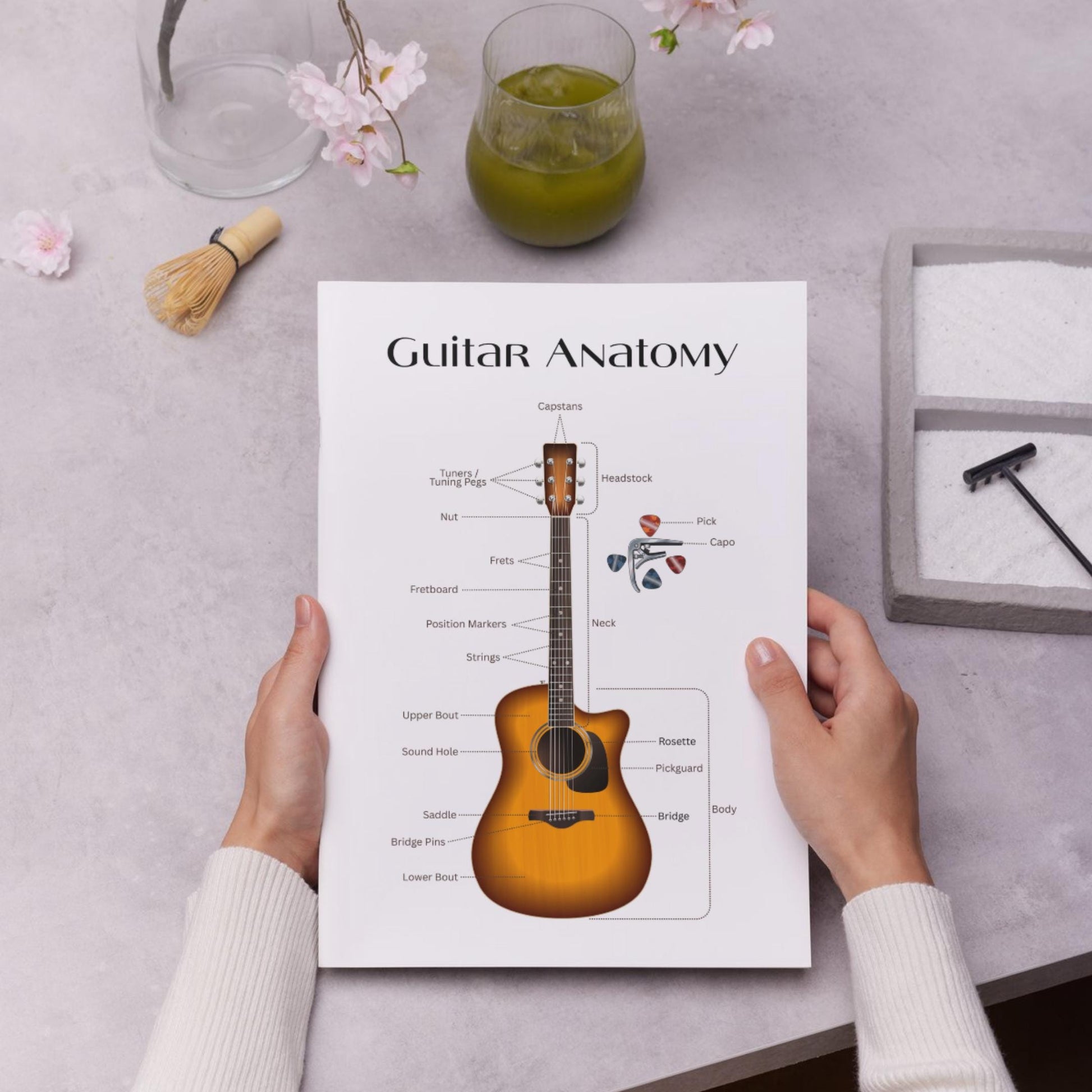Acoustic guitar parts diagram printable with two background options, offering a clean and structured layout for music classrooms and practice rooms