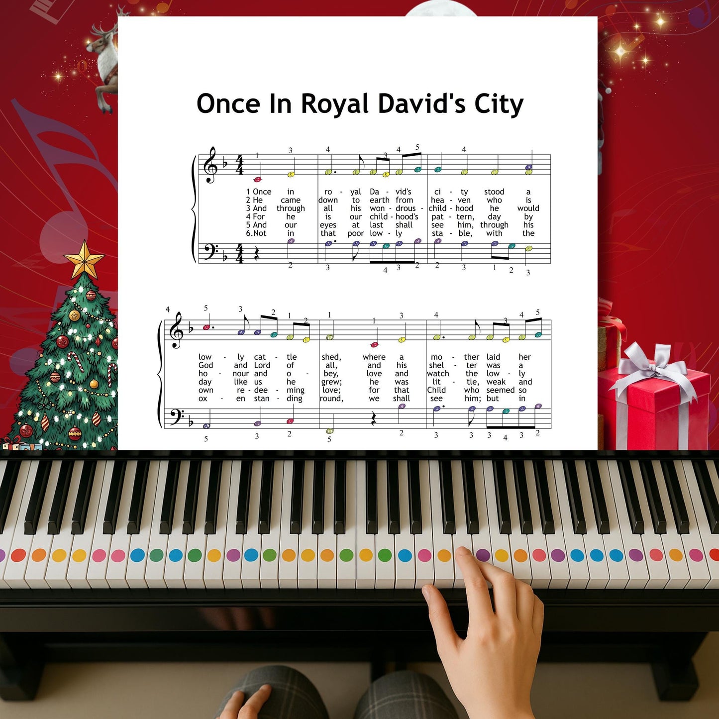 Once in Royal David’s City by Henry J. Gauntlett downloadable and simplified beginner Christmas piano sheet music PDF arranged with gentle rhythms, lyric lines, color-note help, note names, and clear spacing ideal for winter recitals and holiday classroom music.