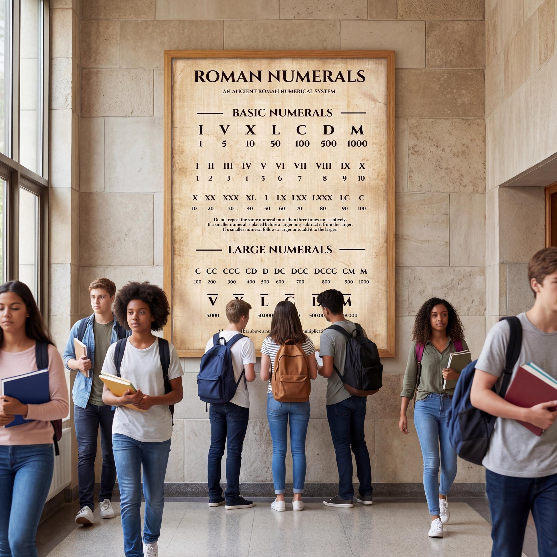 Printable Roman numbers math poster featuring an old-world design, clear numeral hierarchy, and educational notes ideal for classrooms and traditional decor.