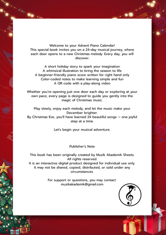 Advent Piano Calendar digital Christmas piano book showing child-friendly pages with color notes, right-hand melodies, illustrated stories, and QR-linked play-along videos, ideal for early learners and December music practice. Silver Bells, White Christmas, Christmas Time Is Here, We Wish You a Merry Christmas, Carol of the Bells, The First Noel, Adeste Fideles, For All the Saints, How Great Thou Art, O Holy Night, Once in Royal David’s City, Away in a Manger, What Child Is This, Silent Night