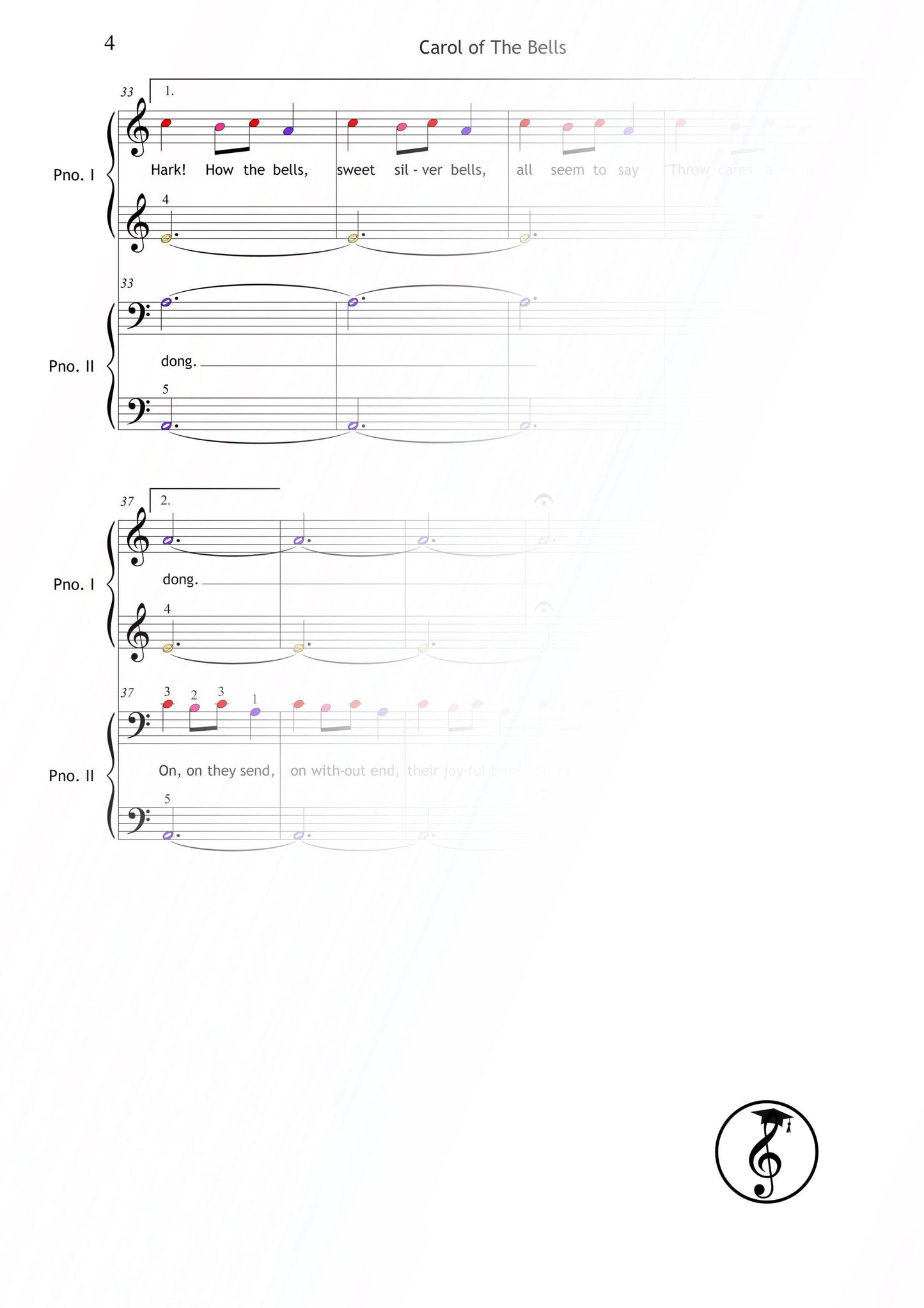 Carol of the Bells by Mykola Leontovych downloadable and simplified piano sheet music PDF in an accessible Grade 1 four-hand layout, including color notes, letter names, finger numbers, MP3 demo, and AI-enabled tutorial video for confident seasonal duets.