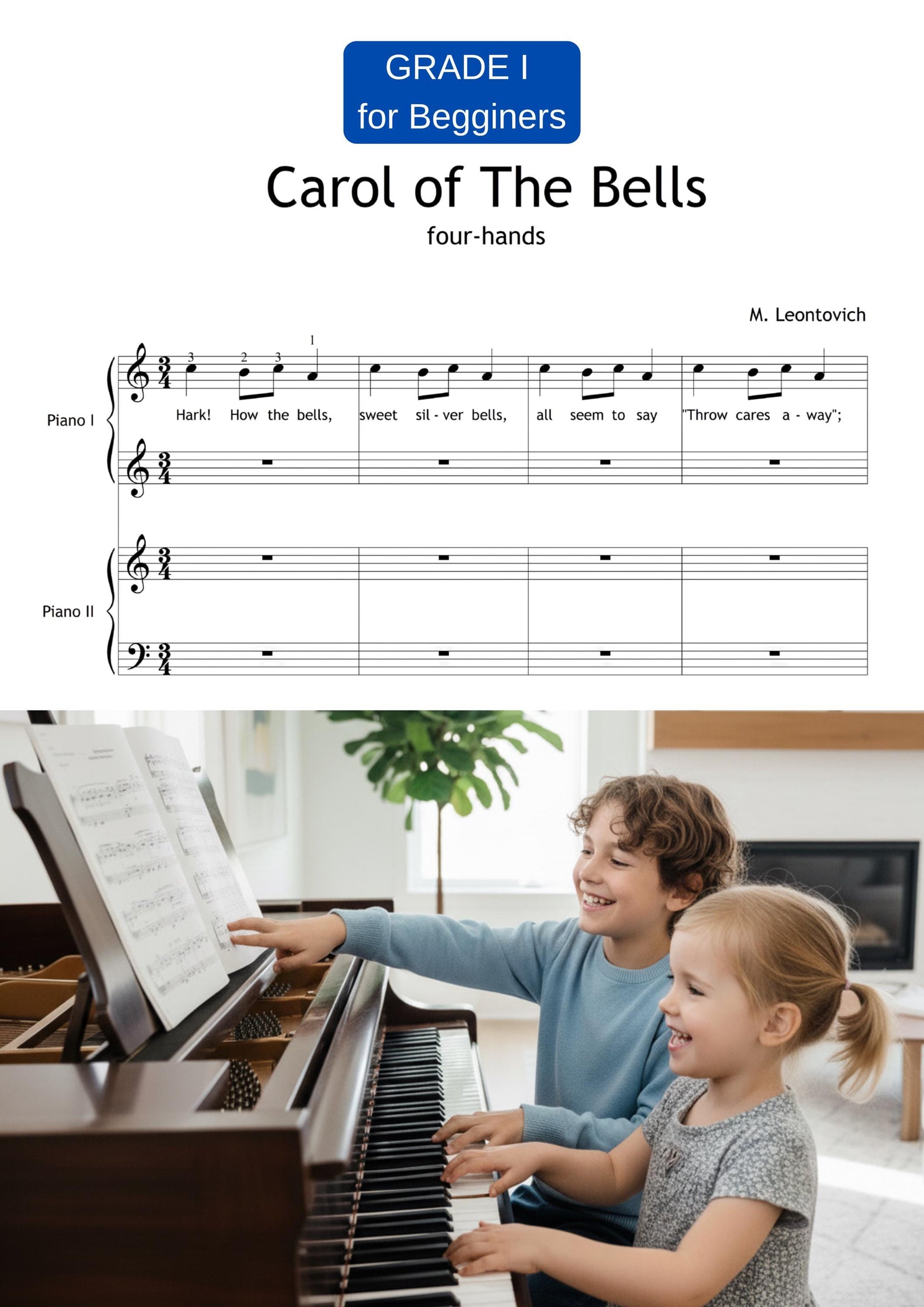 Carol of the Bells by Mykola Leontovych downloadable and simplified piano sheet music PDF for Grade 1 four-hand beginners, featuring standard, color-coded, letter-named, and finger-numbered versions, with tablet-ready PNG pages, MP3 demo, and AI-guided MP4 tutorial for festive holiday duet learning.