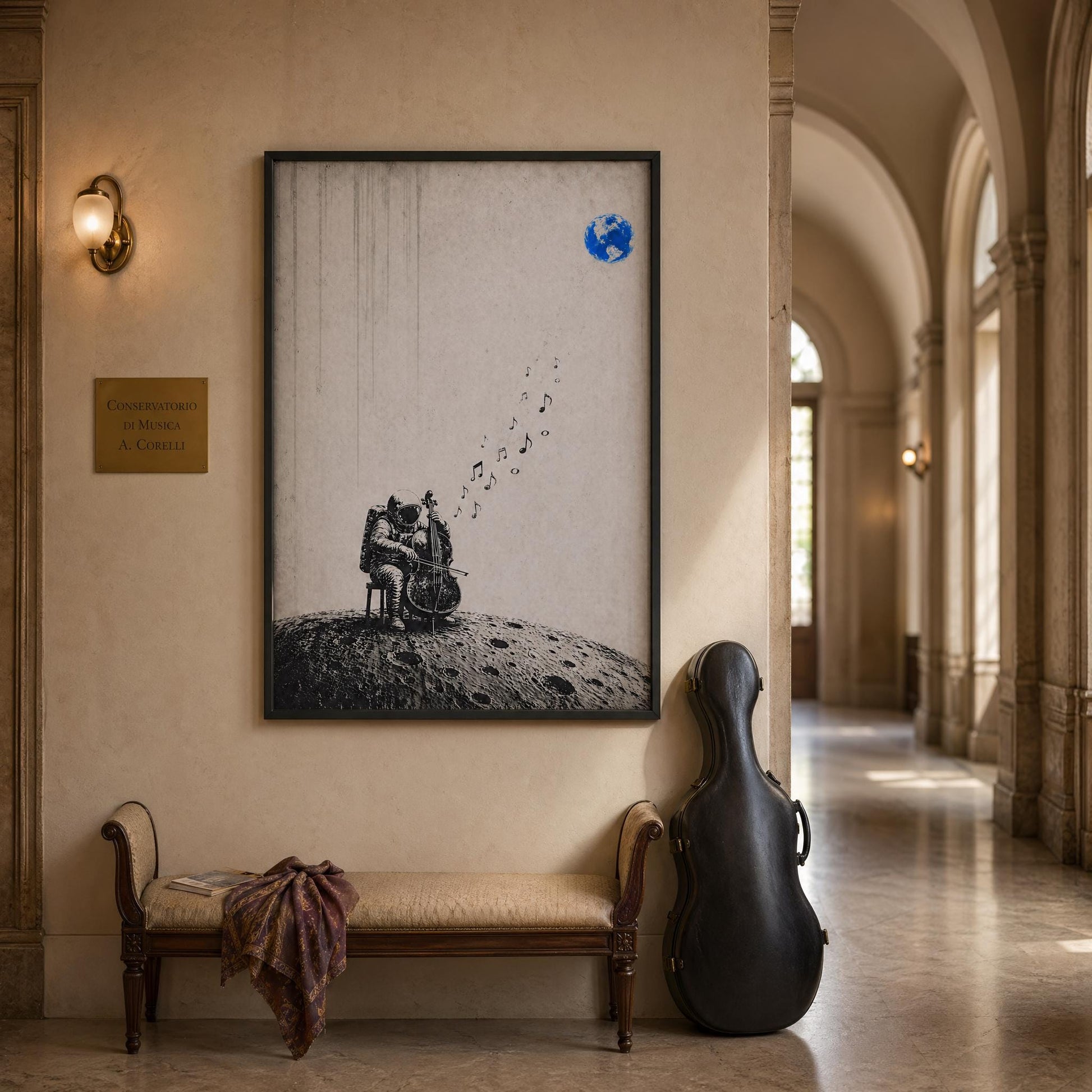Astronaut Playing Cello Moon wall art printable featuring minimalist black and white surreal space music scene, high-resolution digital download with floating notes and distant blue Earth, perfect for modern decor