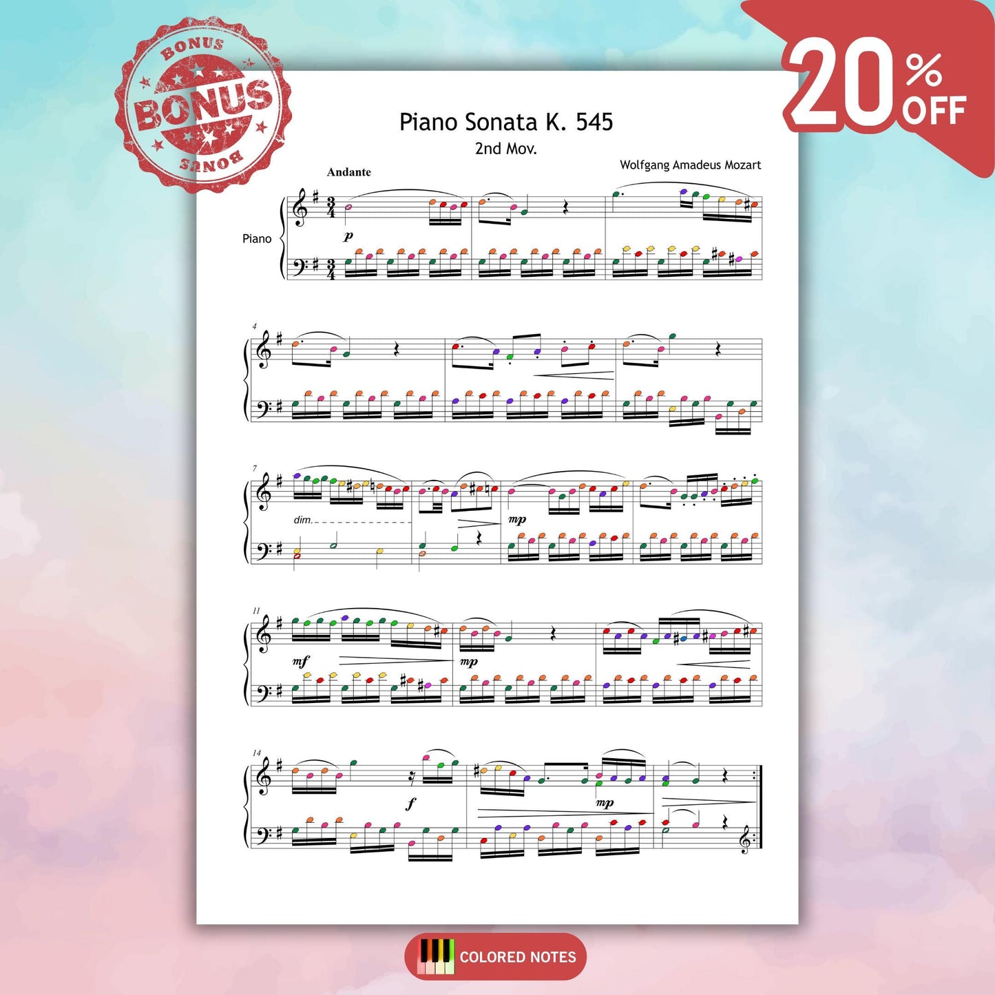 Piano Sonata in C Major by Mozart, printable PDF sheet music with note names and visual aids for practice