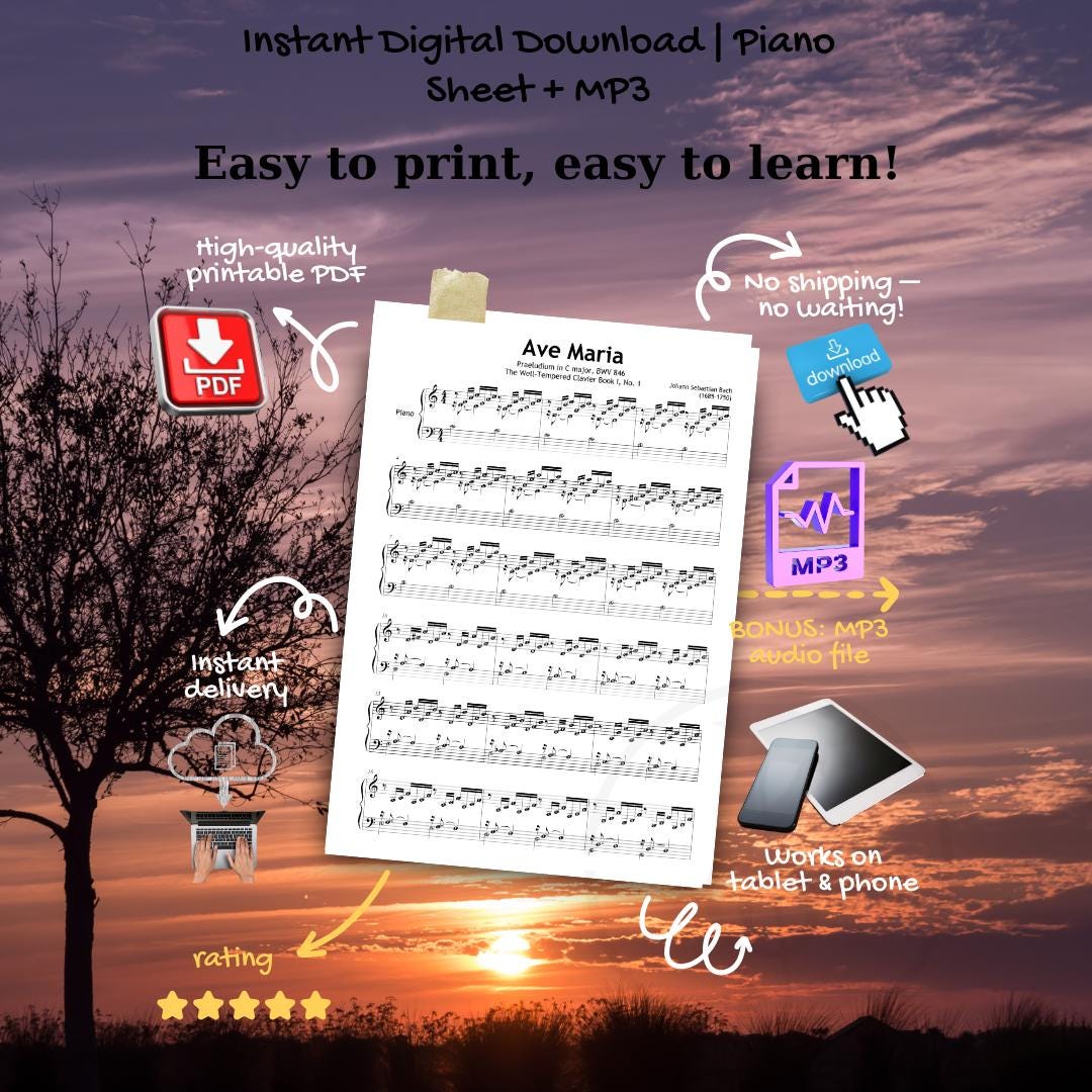 Ave Maria - Bach Prelude in C Major BWV 846 | Easy Piano Sheet Music PDF + Color Notes, Finger Numbers, MP3 & Video
