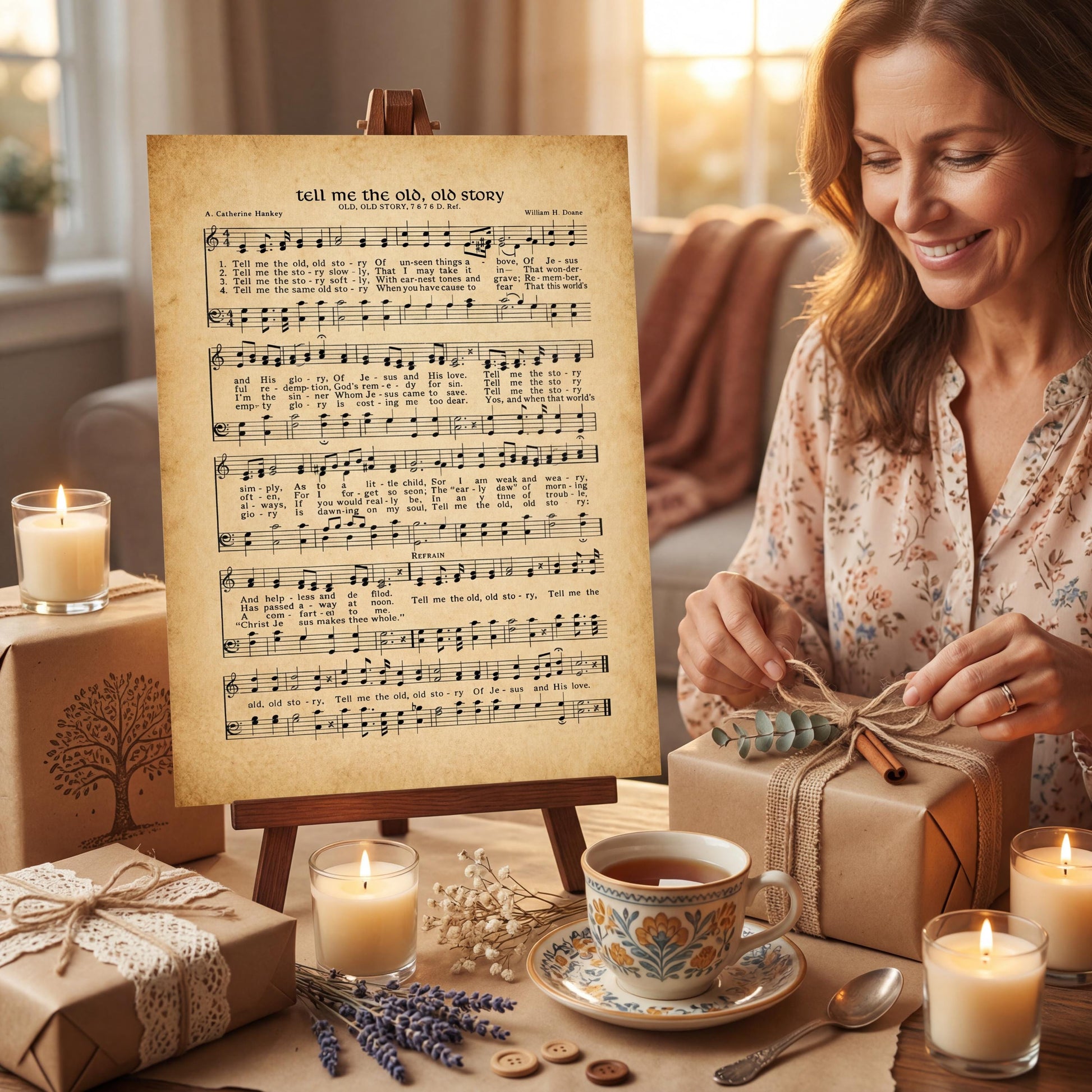 A woman is sitting at a table, wrapping a gift with a ribbon and tying it with a twine bow. The table is decorated with candles, a cup of tea, and a sheet of music.