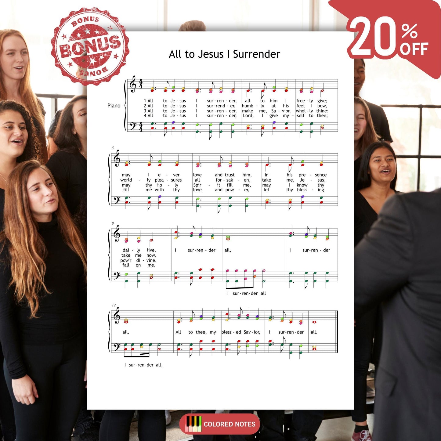Printable piano and SATB choir hymn sheet music, All to Jesus I Surrender, with lyrics and Grade 3 level arrangement.
