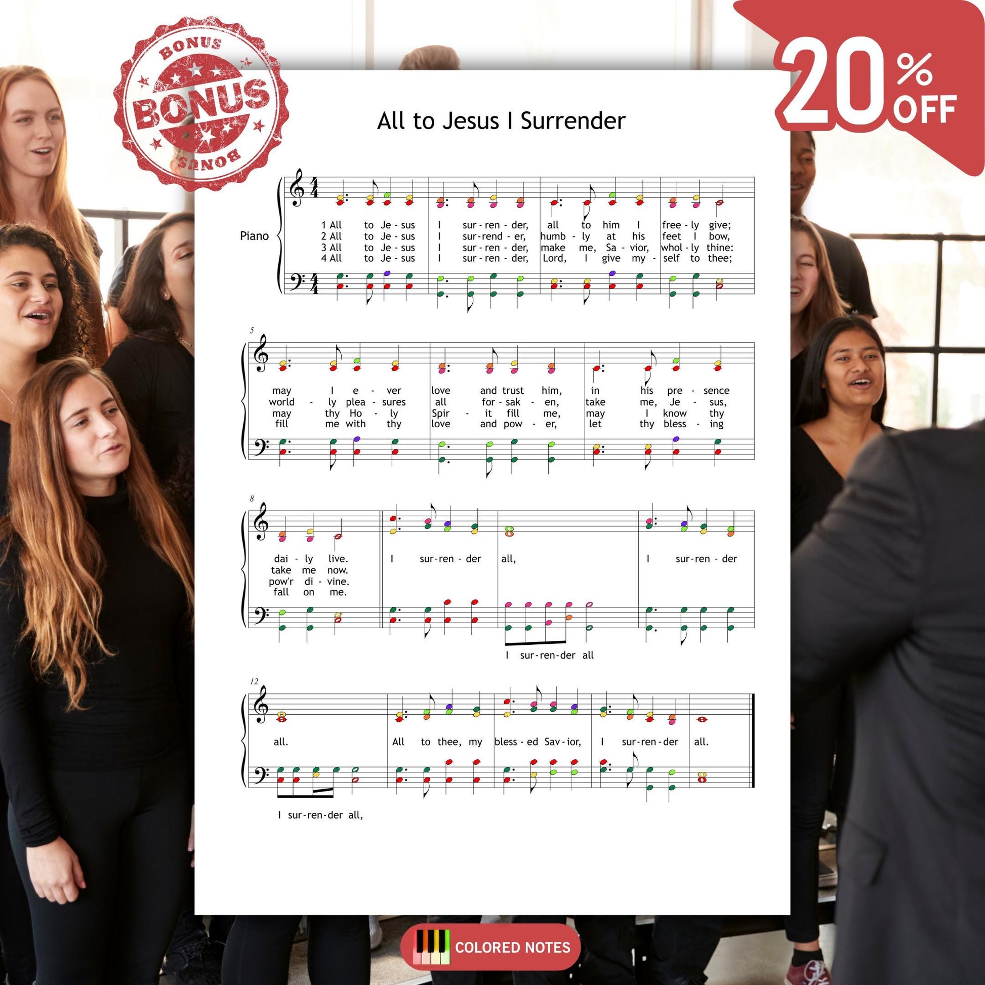 Printable piano and SATB choir hymn sheet music, All to Jesus I Surrender, with lyrics and Grade 3 level arrangement.