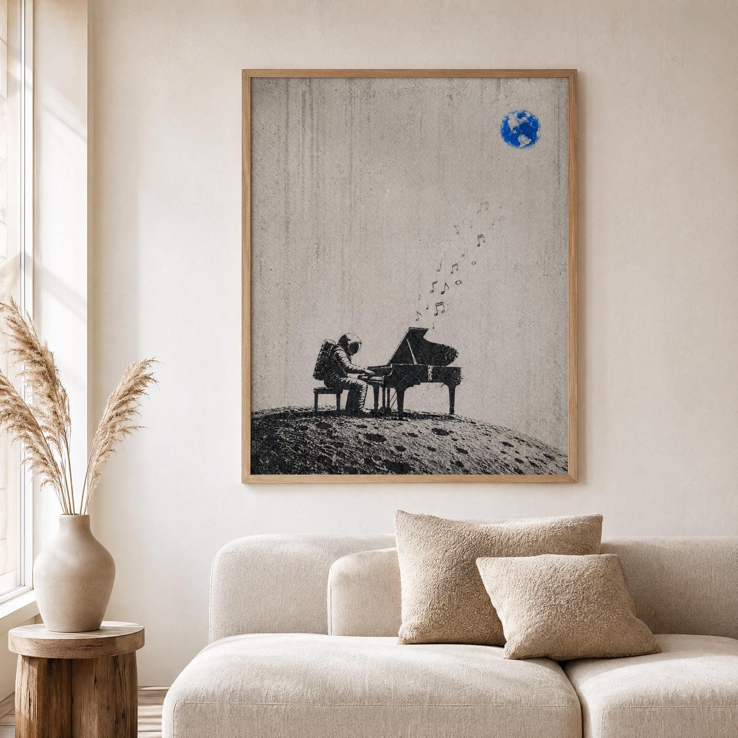 Astronaut Piano Wall Art – Minimalist Space Art | Black White Poster Digital Download