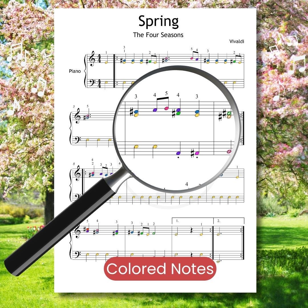 Vivaldi Spring Piano Grade 2 Sheet Music – Printable PDF, Video Tutorial & Color Note Piano
