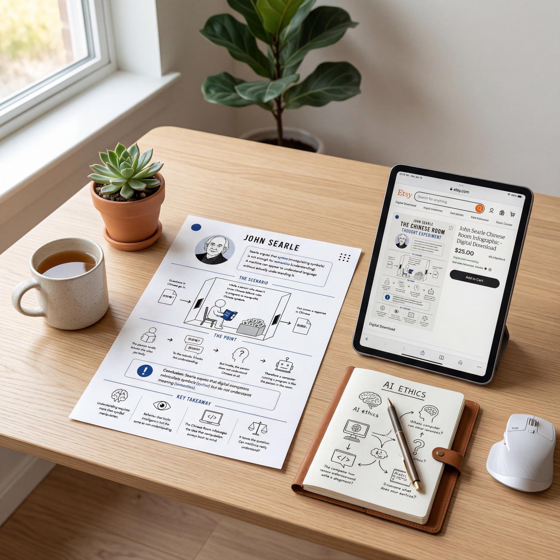 a wooden desk with various items on it, including a tablet, a notebook, a mug, a potted plant, and a computer mouse.