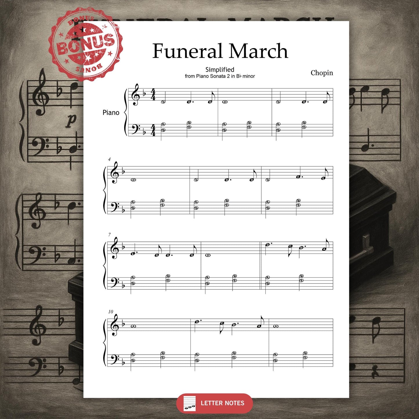 Chopin Funeral March Halloween piano sheet music, Grade 1 simplified beginner arrangement, digital PDF with letter-named and color-supported scores, MP3 practice track, and MP4 video learning guide.