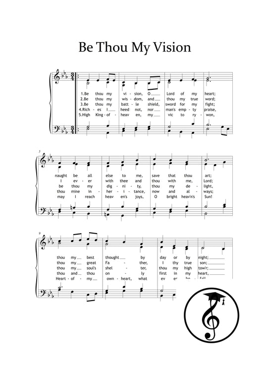 Be Thou My Vision traditional Irish hymn by Mary Byrne downloadable and simplified piano sheet music PDF shown with the choir and piano arrangement, featuring finger numbers, color-coded notes, note-name versions, and manuscript-based engraving for clear and reverent worship use.