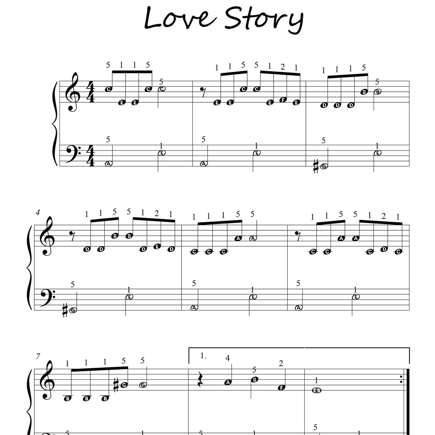 Love Story – Very Easy Piano Sheet Music (Digital Download with Finger Numbers)