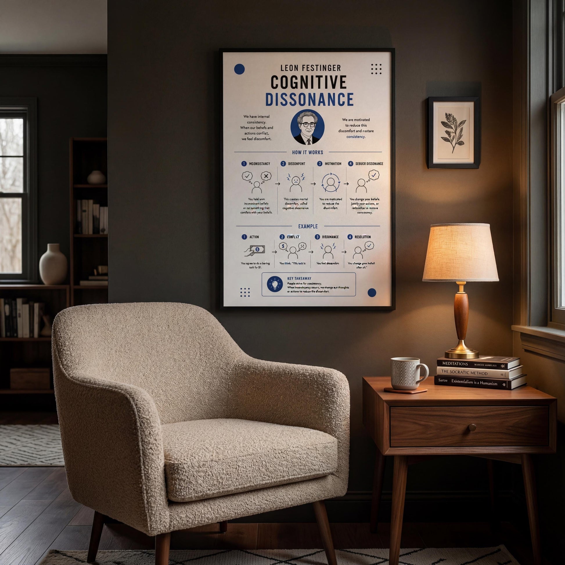 a cozy living room with a beige armchair, a wooden side table, and a lamp. Above the armchair, there is a poster or a collage of images related to cognitive dissonance, which is a psychological concept.