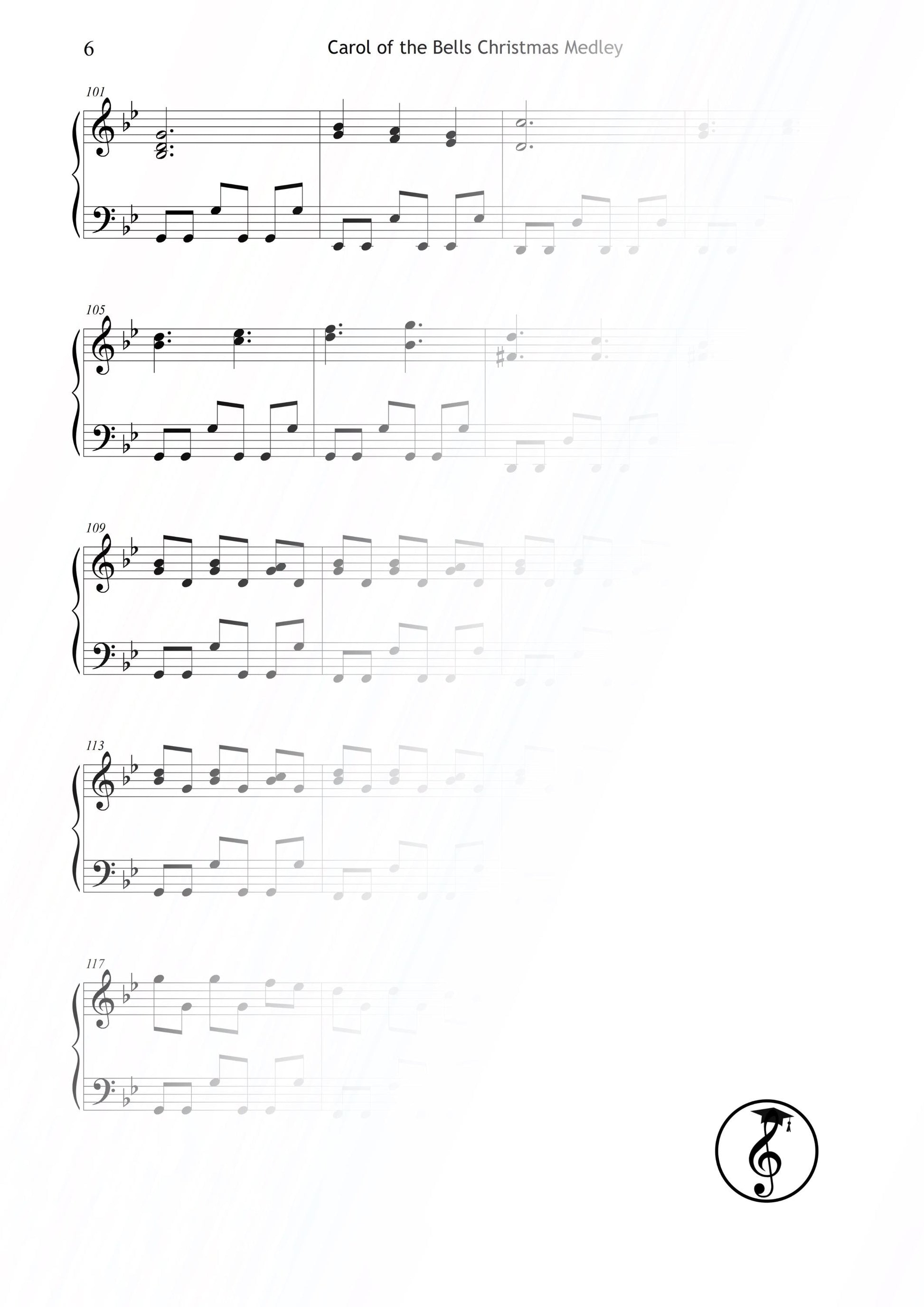 Carol of the Bells Christmas Medley – Grade 4 piano arrangement capturing the rhythmic brilliance and festive intensity of the original carol. Professionally engraved, printable PDF, perfect for intermediate pianists preparing holiday recitals or lessons. Instant digital piano music download.