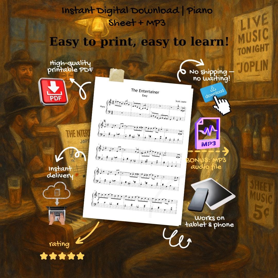 Entertainer - Simplified Version Easy Piano Sheet Music for Beginners (Grade 3) Scott Joplin's Ragtime, Colored Notes, Finger Numbers