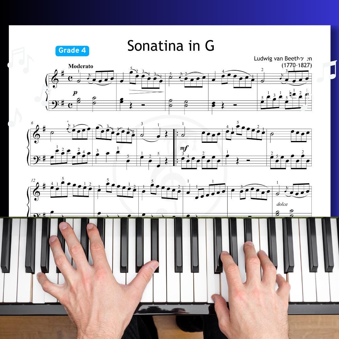 Beethoven Sonatina in G - Grade 4 Piano Sheet Music PDF with Finger Numbers, Note Names, Color Notes, MP3