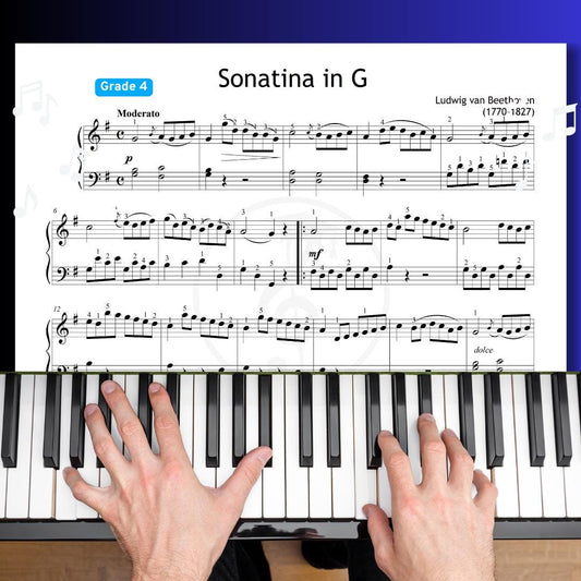 Beethoven Sonatina in G - Grade 4 Piano Sheet Music PDF with Finger Numbers, Note Names, Color Notes, MP3