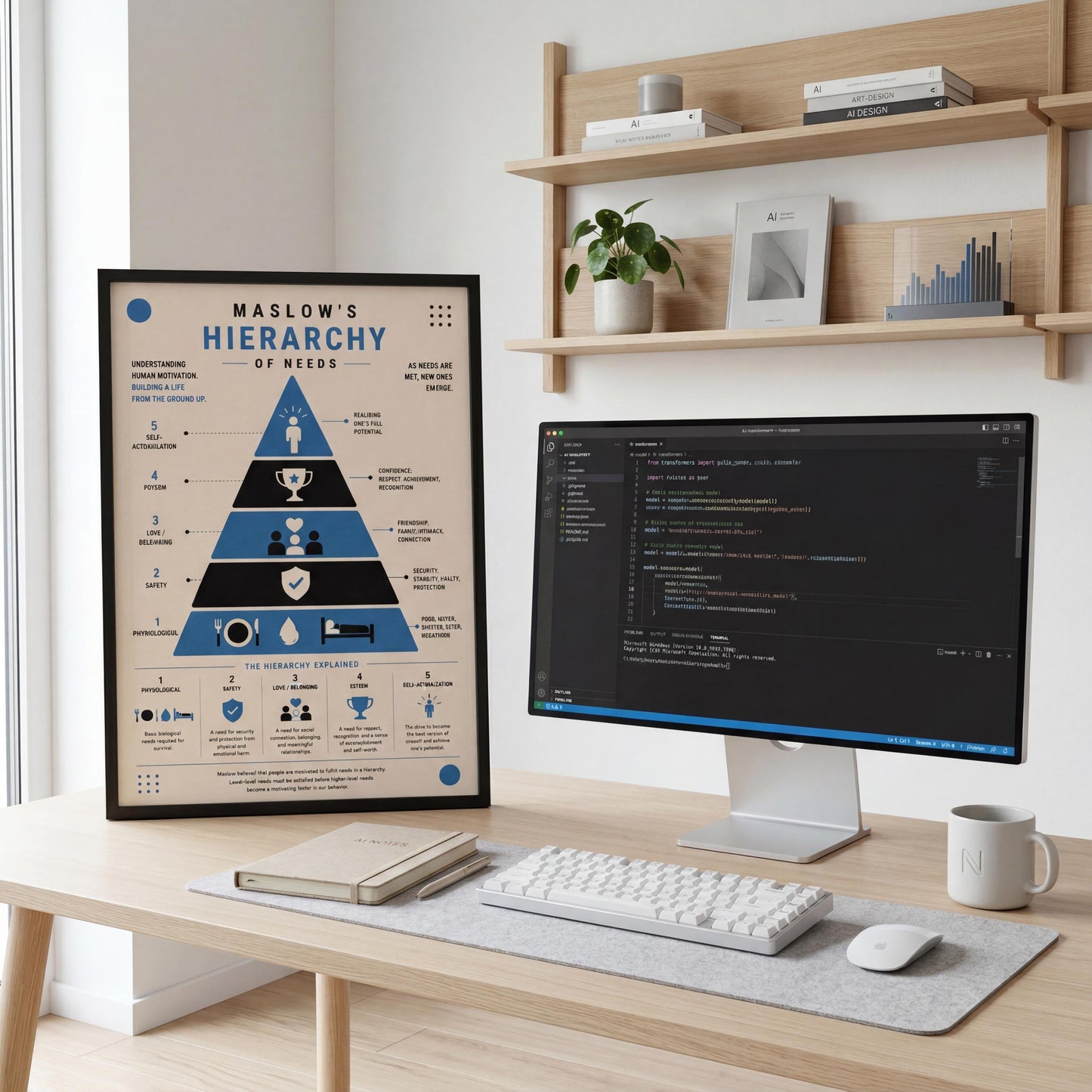a workspace with a poster of Maslow's Hierarchy of Needs on the left side and a computer monitor with code on the right side. The poster is framed and hangs on the wall, while the computer monitor is placed on a desk. There are also books, a plant, and a mug on the desk.