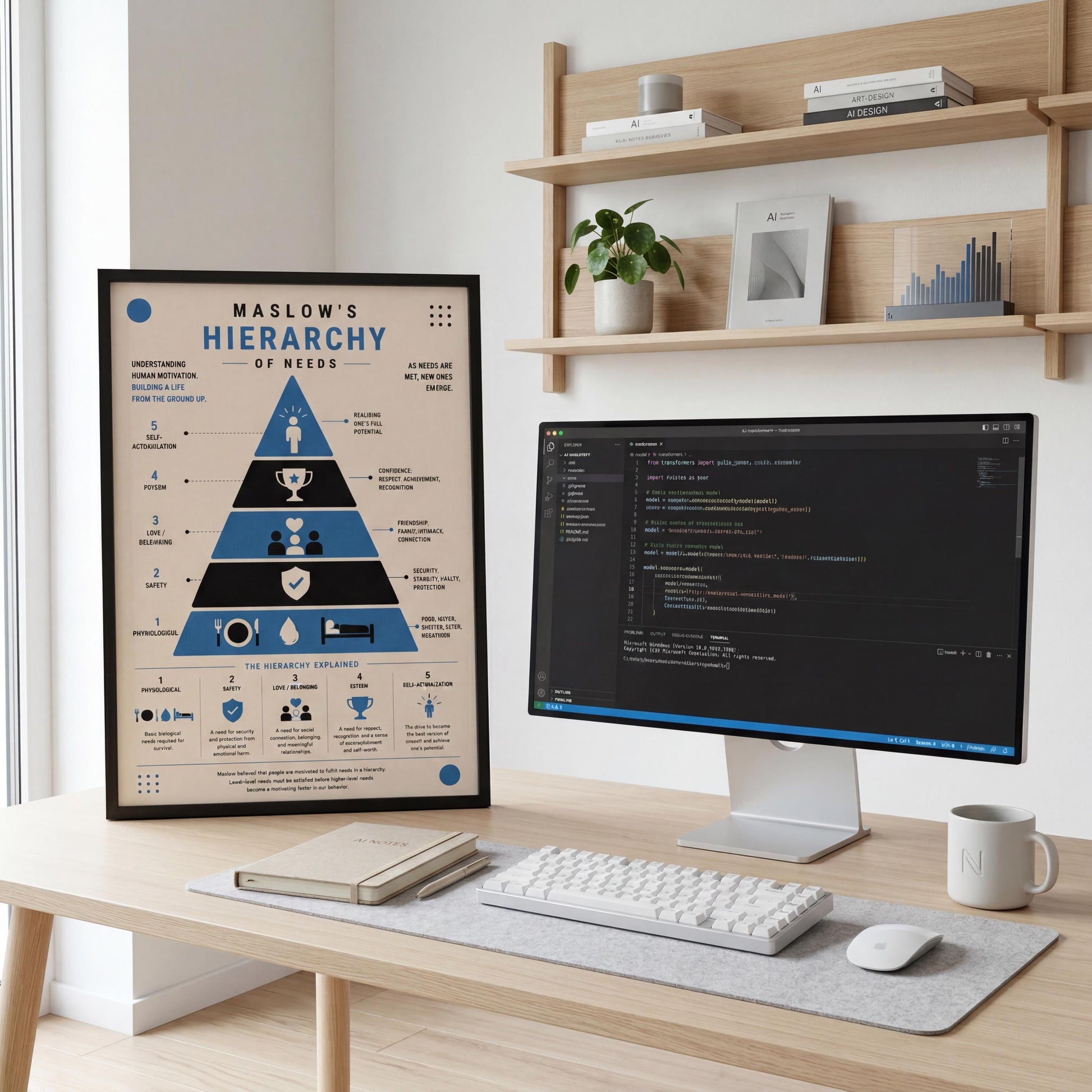 a workspace with a poster of Maslow's Hierarchy of Needs on the left side and a computer monitor with code on the right side. The poster is framed and hangs on the wall, while the computer monitor is placed on a desk. There are also books, a plant, and a mug on the desk.