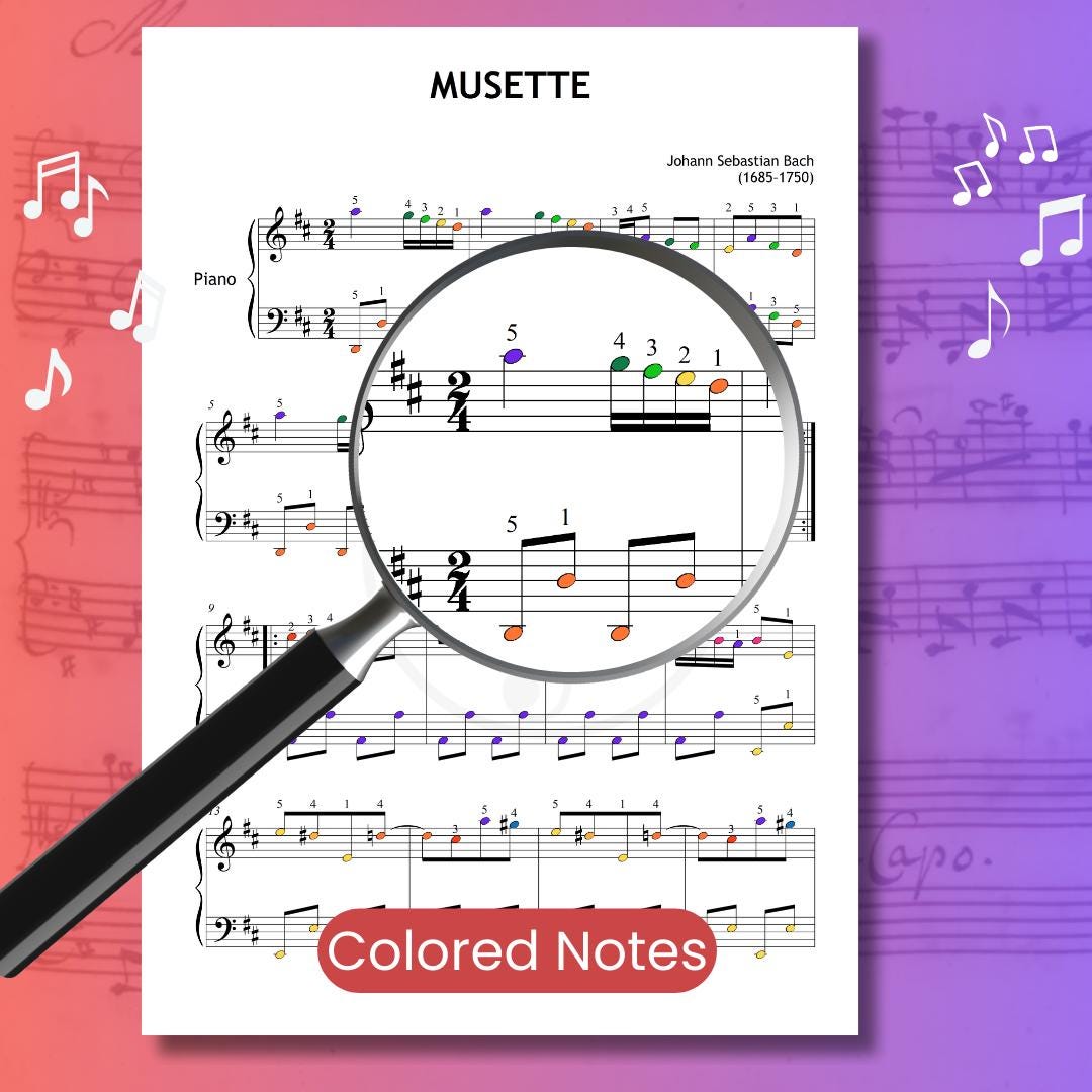 Bach’s Musette - Beginner Piano Sheet Music for Kids & Adults | Grade 2 PDF + Color Notes, Note Names, Tutorial Video, MP3, Manuscript
