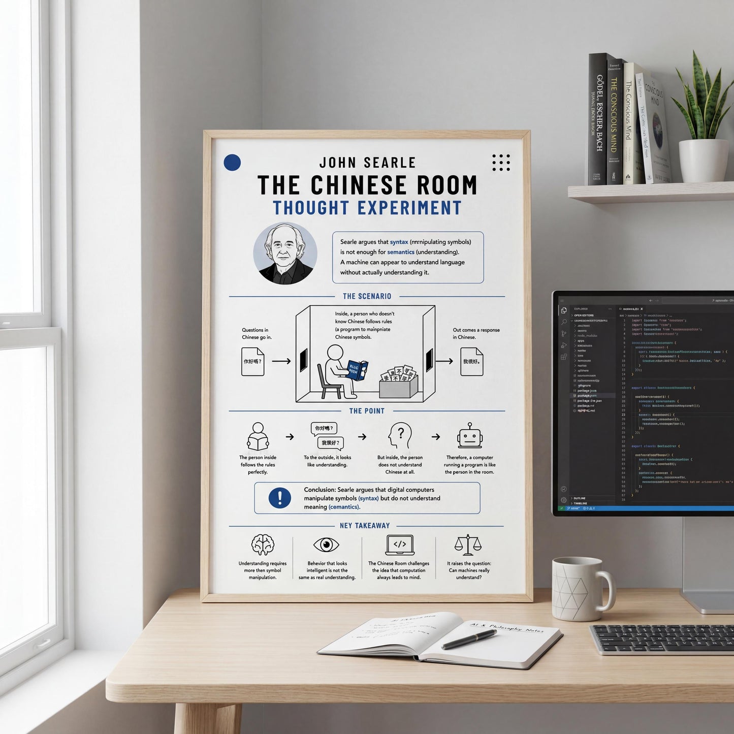 The image is a poster or presentation about the Chinese Room thought experiment, featuring a man in a thought box and various text elements.