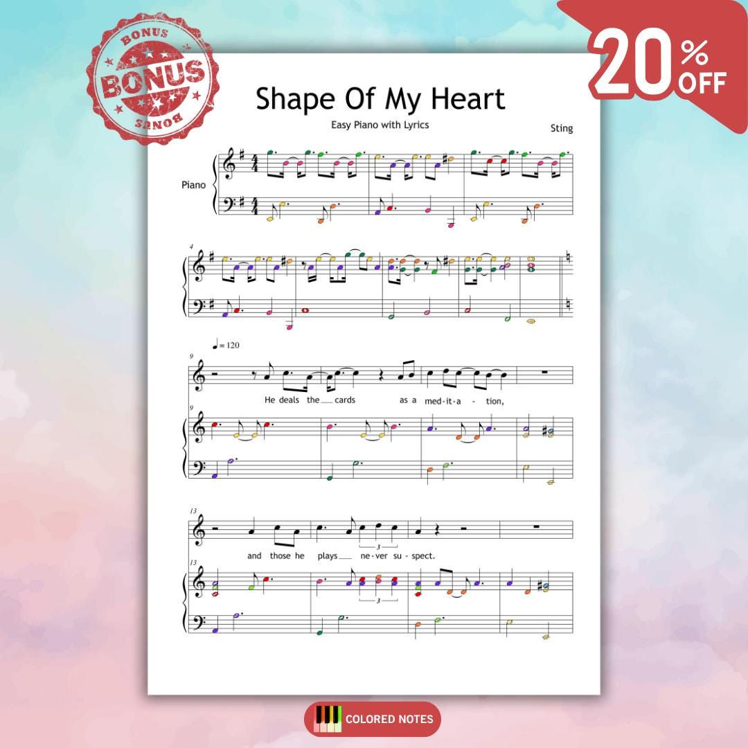 Shape of My Heart by Sting downloadable and simplified piano sheet music PDF displayed with note-name letters, finger numbers, and color-coded notes in a clear Grade 4 engraving derived from handwritten manuscript sources, ideal for developing phrasing and rhythmic clarity.
