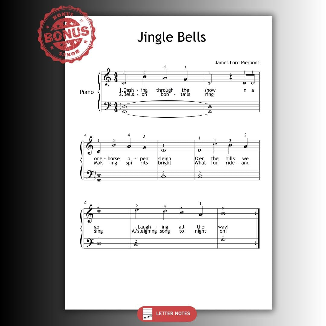 Jingle Bells by James Lord Pierpont downloadable and simplified piano sheet music PDF shown as a combined Grade 1 layout featuring finger numbers, note names, color-coded notes, lyrics, and violin part together, grounded in manuscript precision for polished duet and sing-along performance.